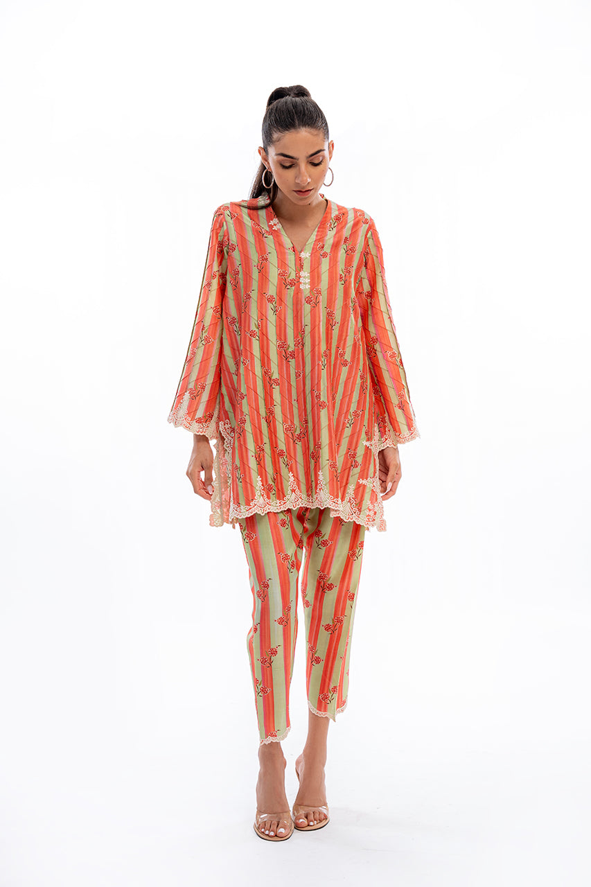Floral Striped Co-Ord Set with Lace Detailing