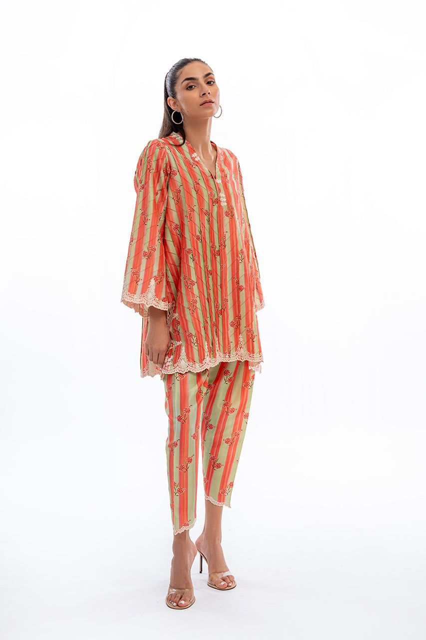 Floral Striped Co-Ord Set with Lace Detailing