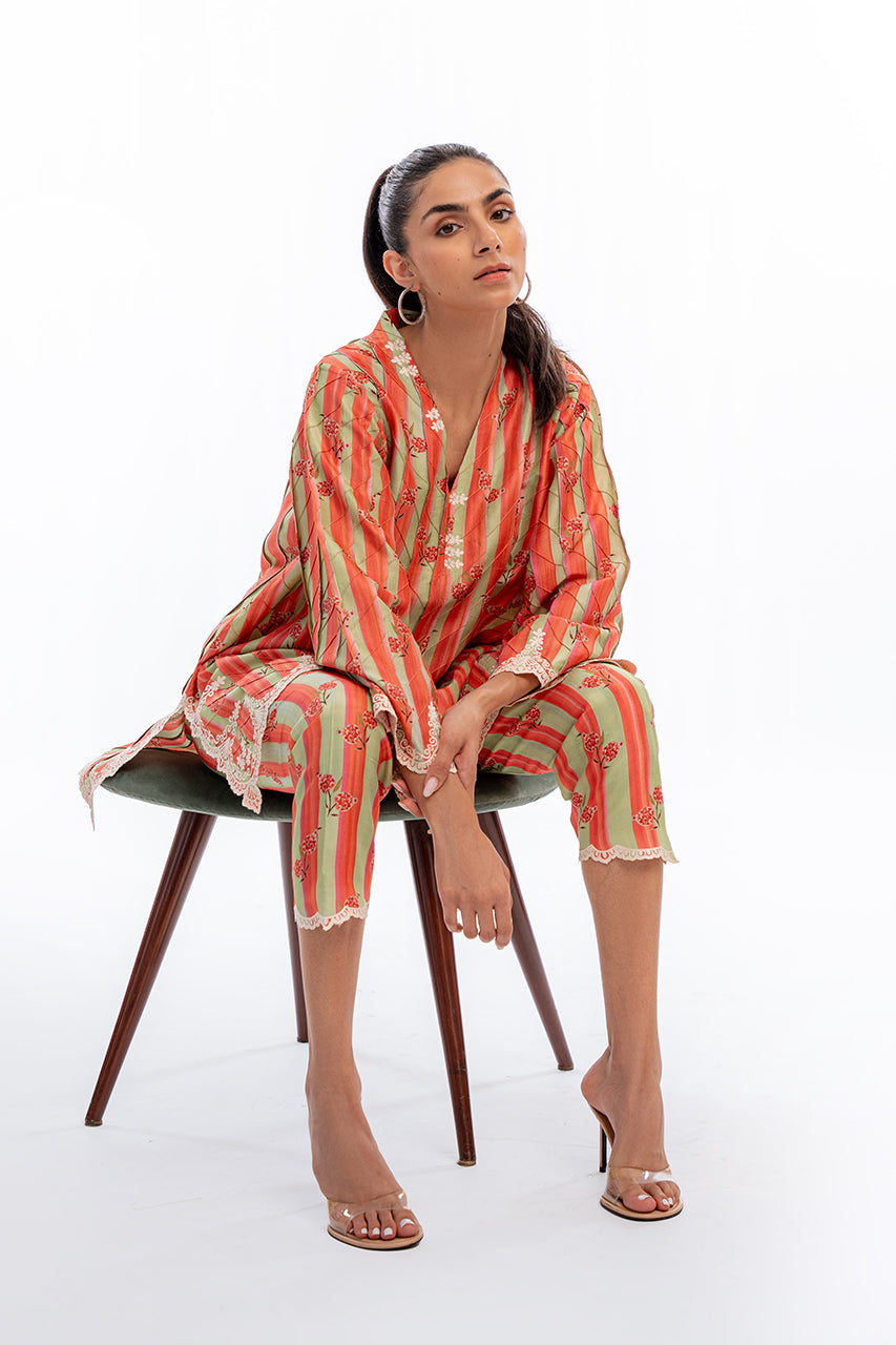 Floral Striped Co-Ord Set with Lace Detailing