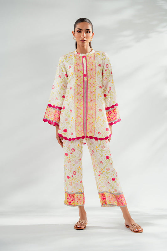 Floral White Co-Ord Set with Scalloped Detailing
