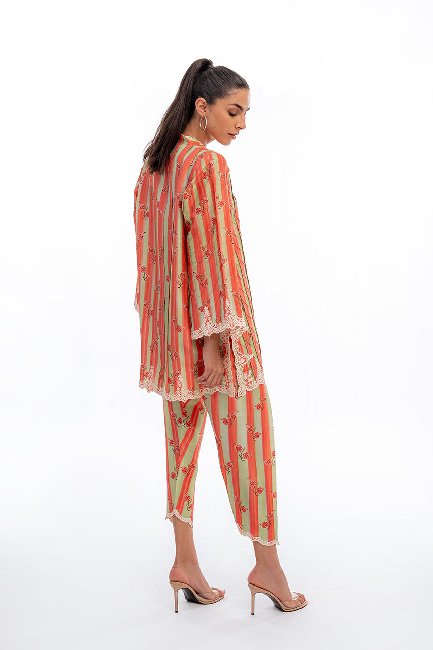 Floral Striped Co-Ord Set with Lace Detailing