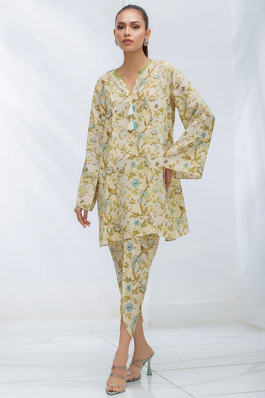 Graceful Beige Floral Printed Co-Ord Set – Timeless Elegance