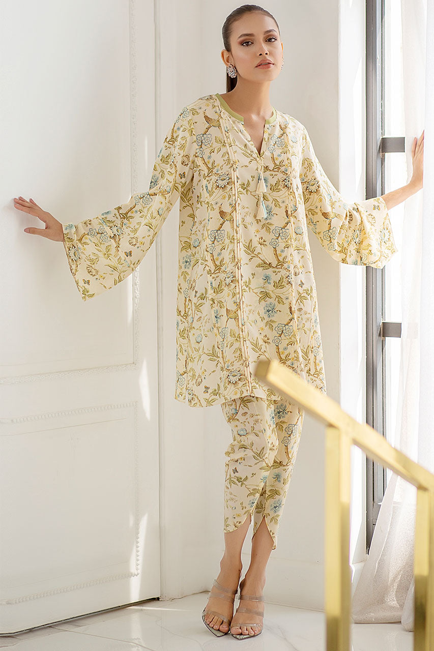Graceful Beige Floral Printed Co-Ord Set – Timeless Elegance