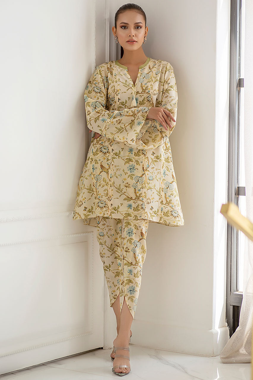 Graceful Beige Floral Printed Co-Ord Set – Timeless Elegance