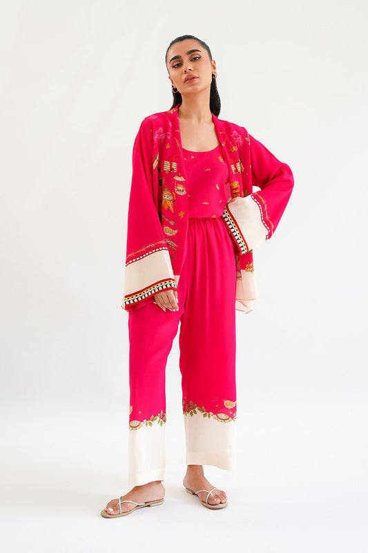 Bold Pink Floral Co-Ord Set with Elegant Embellishments